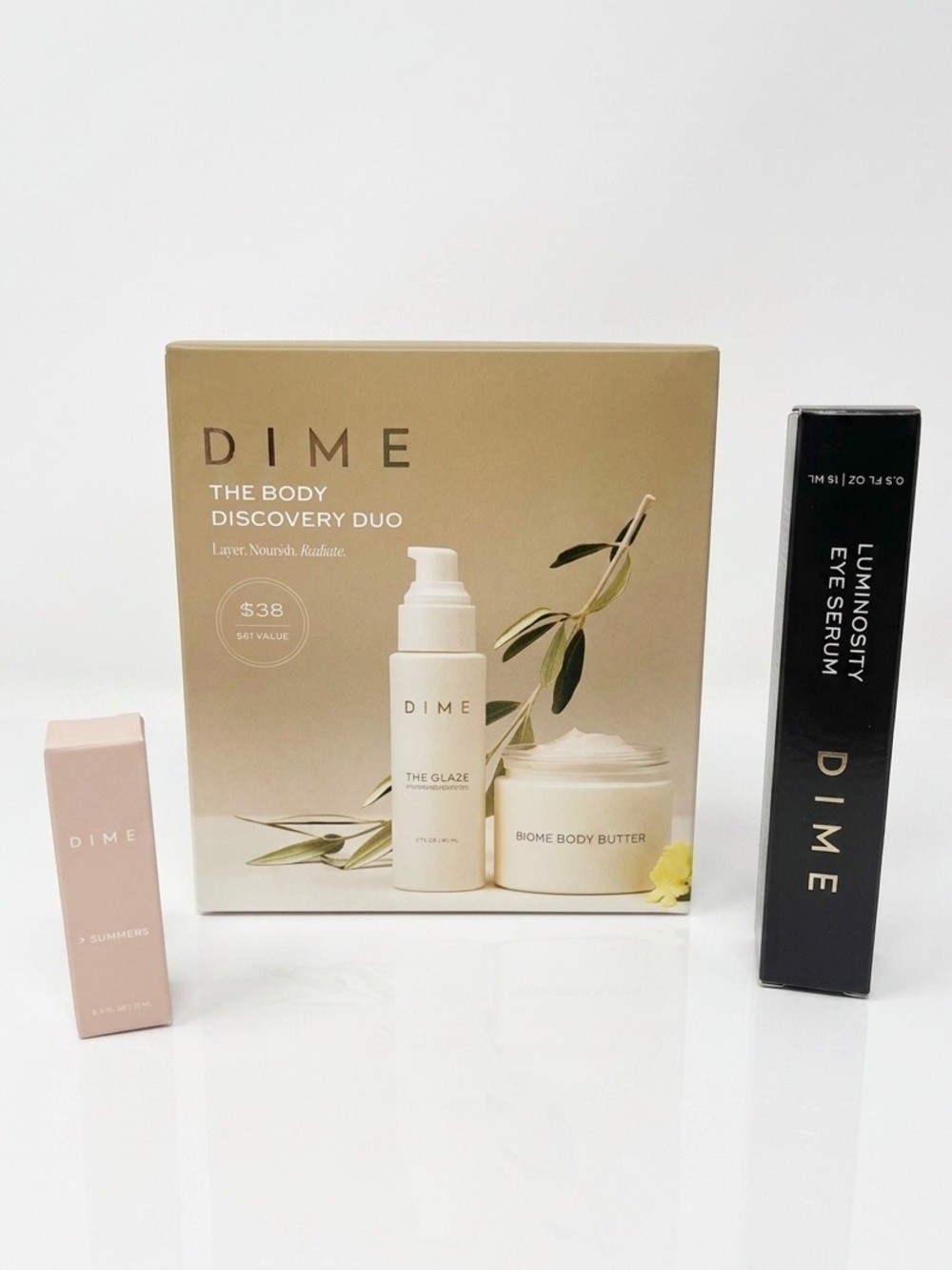 DIME Luminosity Eye Serum, 7 Summers & Body Discovery Set EMPTY